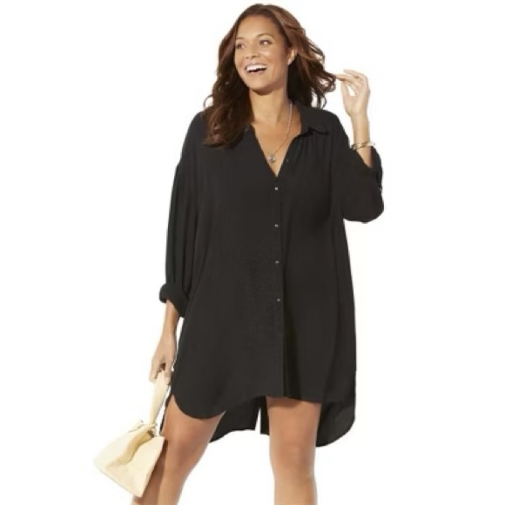 SWIMSUITS for ALL BLACK gauzy cotton roll sleeve BEACH cover up shirt PLUS 26/28